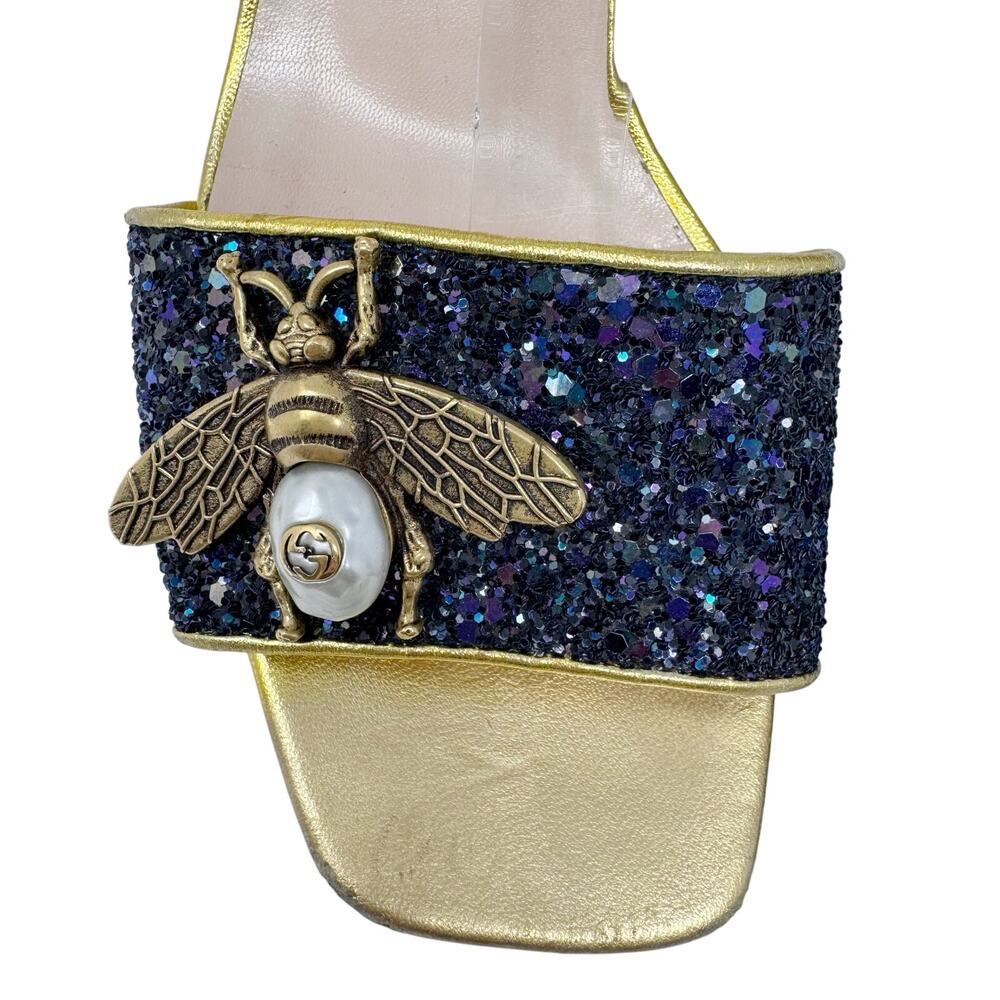 GUCCI Soko Bee Blue Glitter Platform Heels Gold
Trim Ankle Strap Size 38.5 - Picture 6 of 16